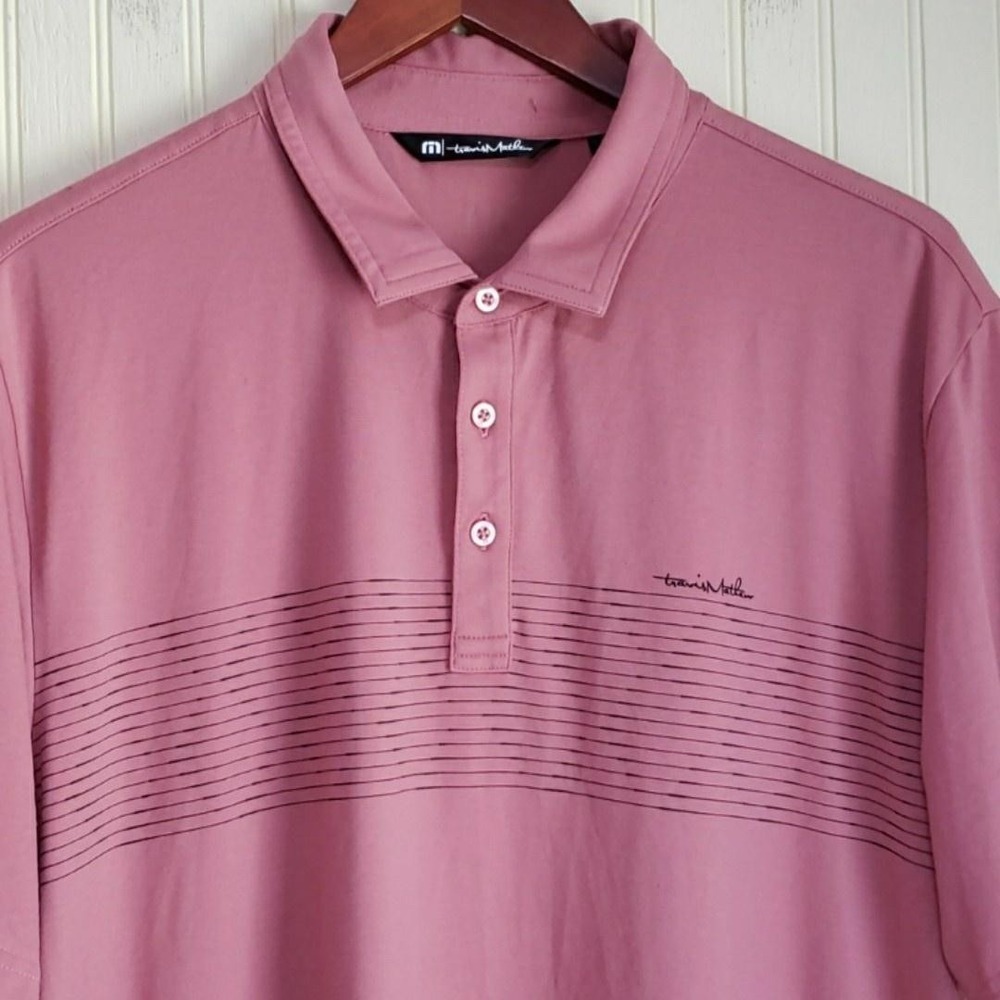 TravisMathew Striped Golf Polo Shirt Mens XL Pink Short Sleeve Stretch Logo